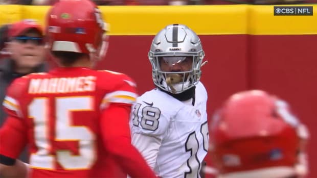 Jack Jones stares down Patrick Mahomes on a pick-six.